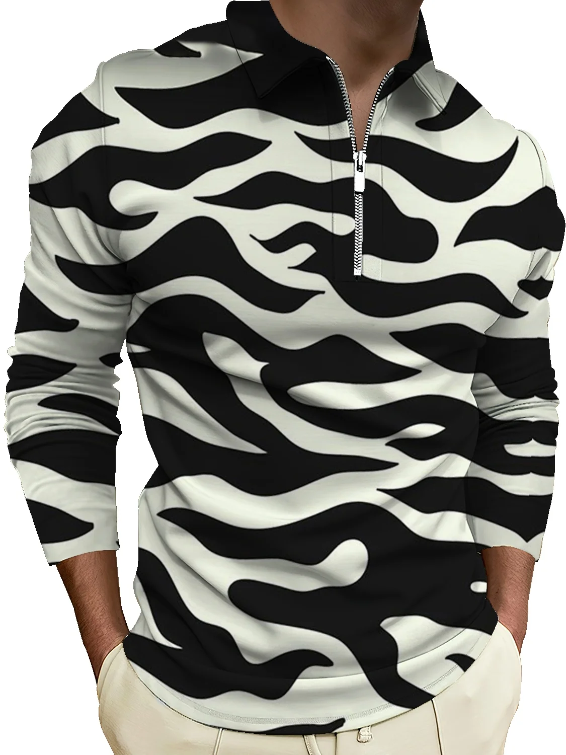 

Spring and autumn men's half zipper stand collar casual sweater leopard print loose stitching top American trend