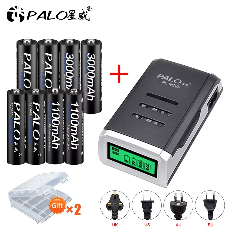 

PALO 4PCS 1.2V NI-MH AA rechargeable battery + 4PCS 1.2V aaa rechargeable Batteries+LCD display smart battery charger for AA AAA