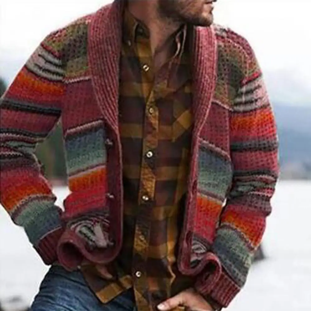 Western Style Sweater Cardigan Men's Knitwear Autumn Color Block Rainbow Striped Sweater Tops Men's Cardigans 2020 new