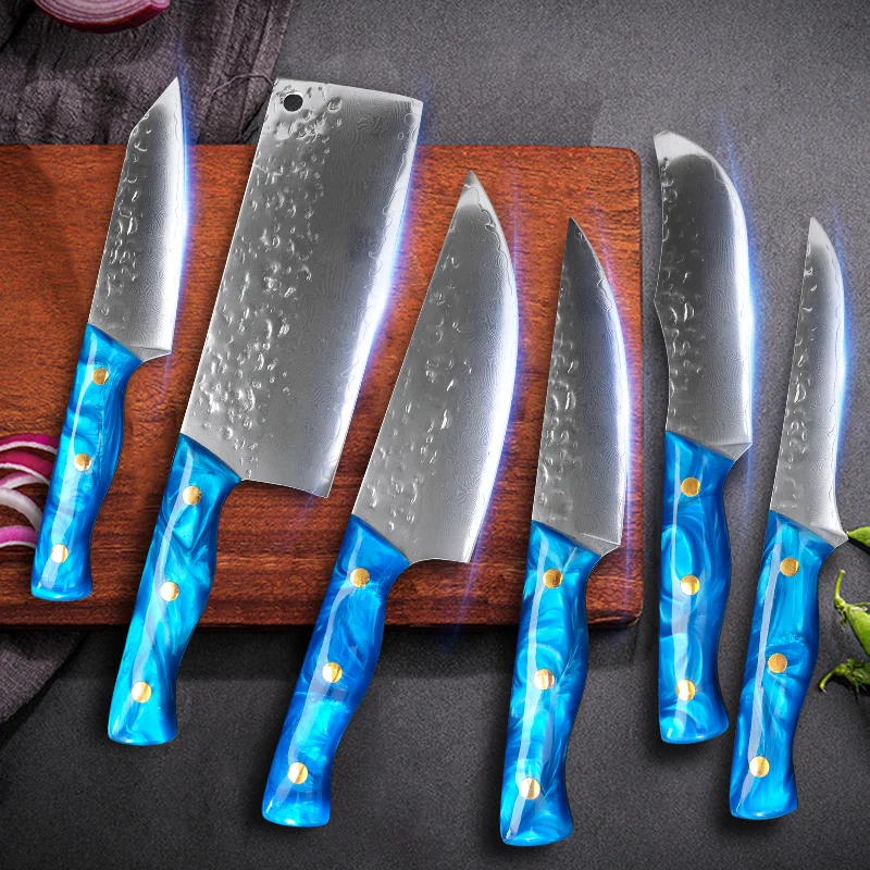 

Damascus Steel Knife Chef Cleaver Meat Chopping Vegetable Kitchen Knives Set Rezin Handle Beef Chicken Fish Butcher Boning Knife