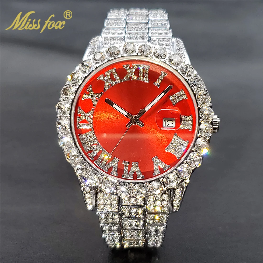 

Waterproof Quartz Watch For Men Women Luxury Hip Hop Street Red Green Blue Dial Diamond Watches Power By Battery Unisex Gift