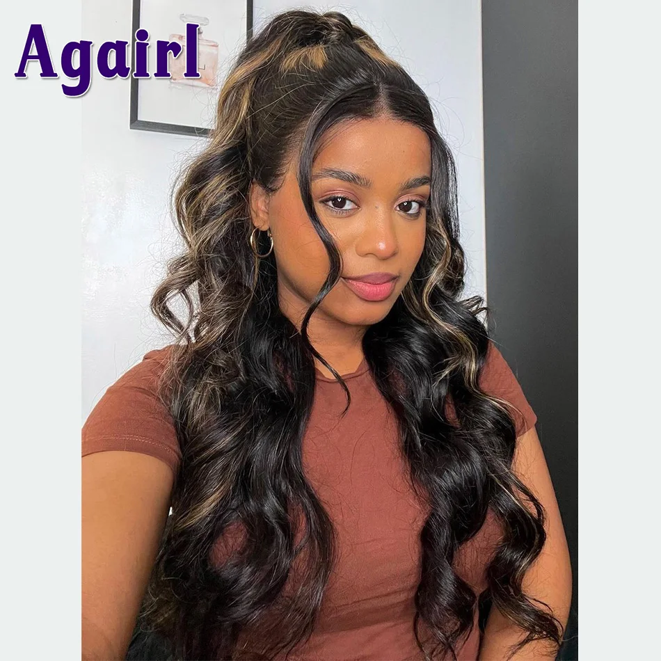 Honey Blonde Black Highlights Human Hair Wigs 30 32 Inch Long Body Wave Lace Frontal Wig Brazilian 5X5 Lace Closure Hair Wigs