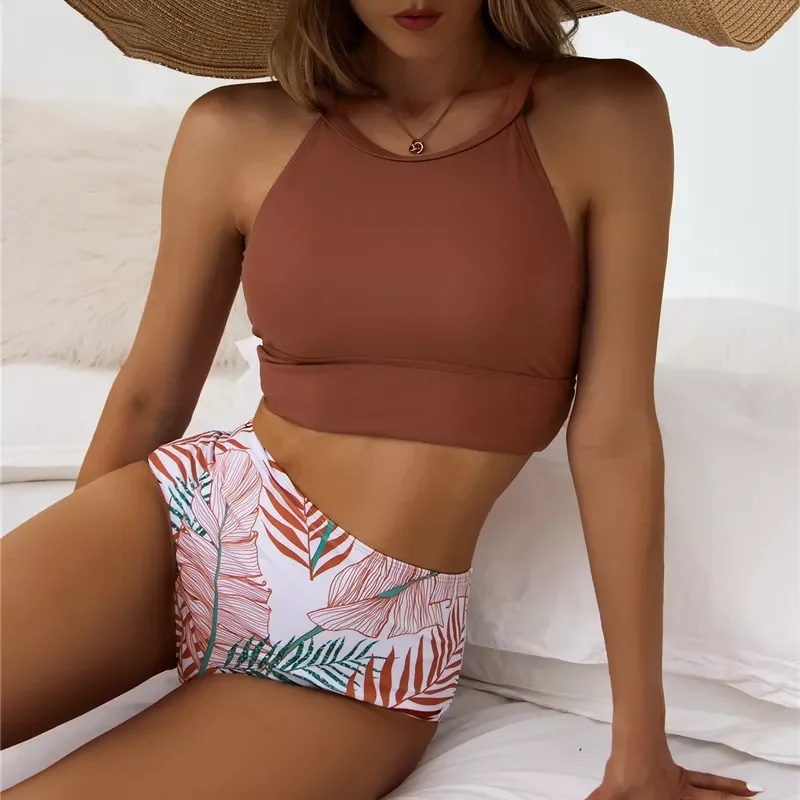 

Brown Leaf High Waist Bikini Underwear Set Women Halter Swimsuit Two Pieces Swimwear 2022 Sexy Brazilian Bathing Suit Beachwear