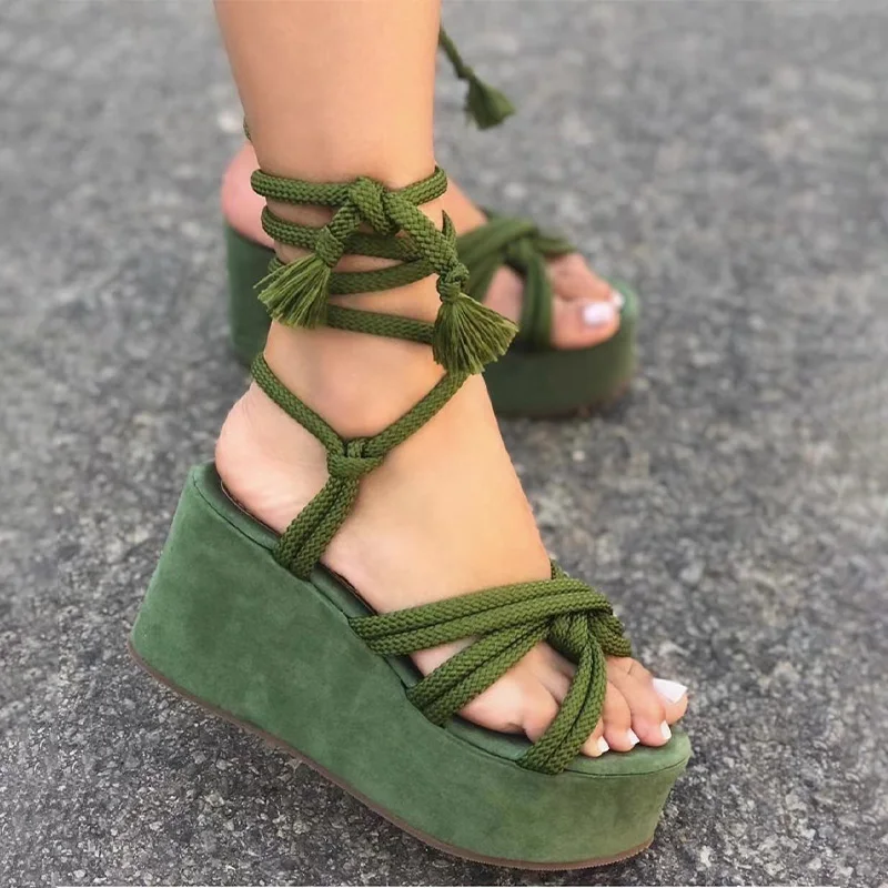 

New Summer Women Sandals Ankle Tassel Lace Up Strap Open Toe Females Platform Shoes Outdoor Fashion Ladies Wedges Shoes Big Size