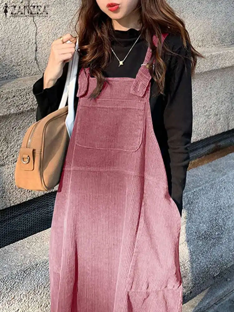 

Модное праздничное вельветовое платье ZANZEA, однотонное женское винтажвечерние праздничное платье, Осенний сарафан без рукавов, большие раз...