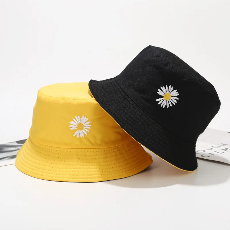 

1PC Women Bucket Fishing Hats Embroidery Daisies Cap Double-sided Wear Fisherman Hat Panama Casual Hat for Women Gift