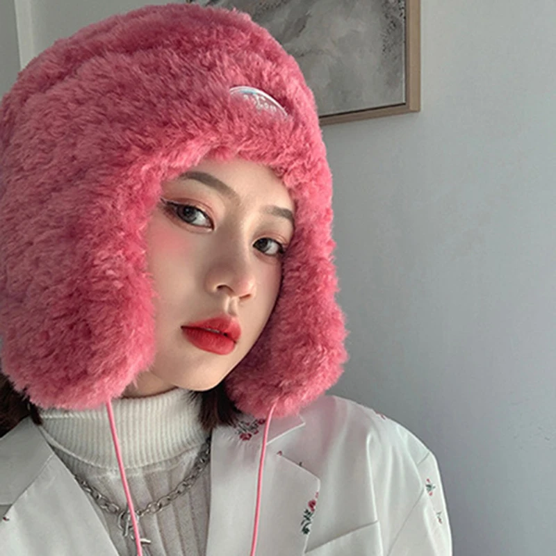 

Winter Hat With Earflaps Hat Russian Winter Caps Fur Hood Hat Lamb Hair Women's Bomber Hats Warm Beanies