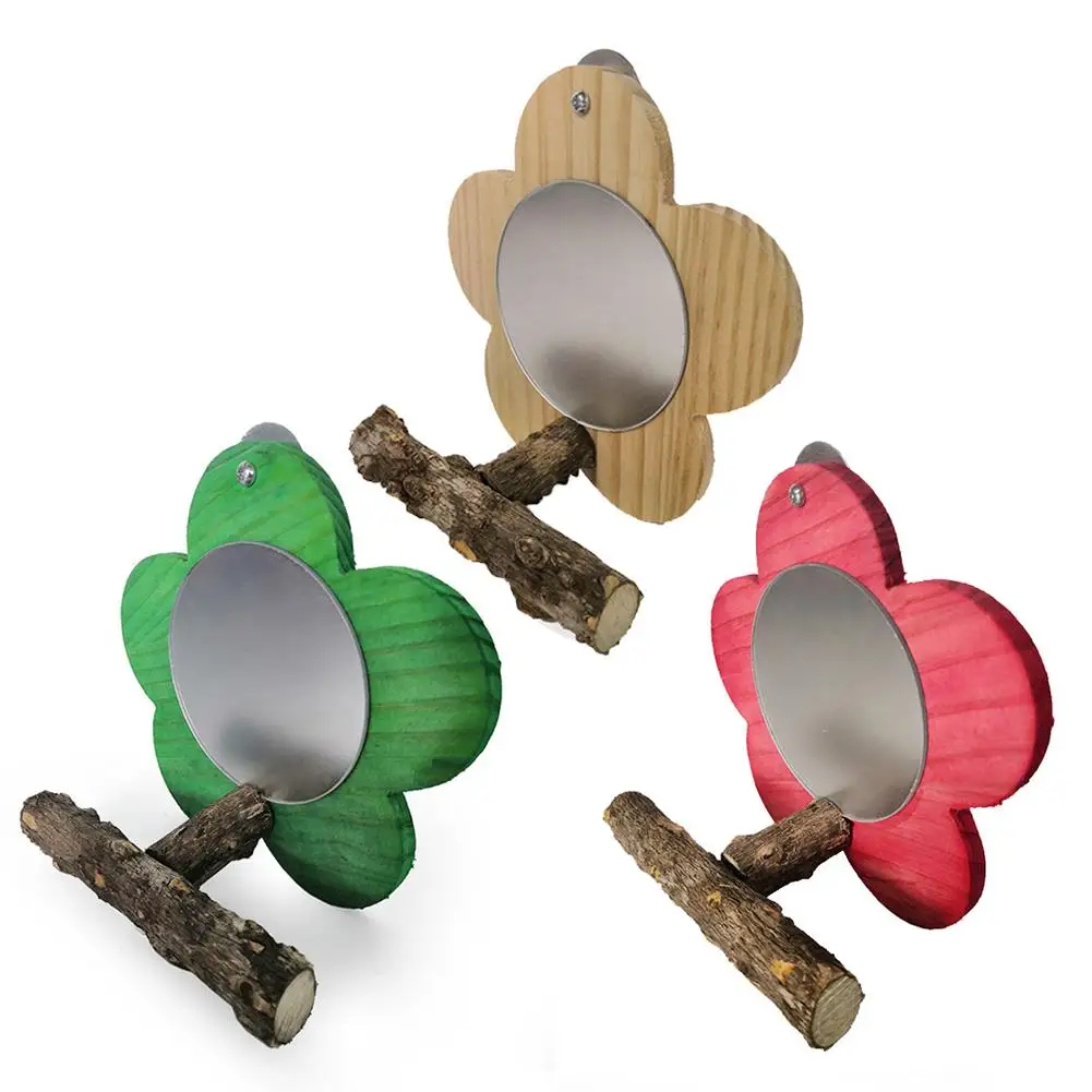 

Bird Parrot Stand With Mirror Wooden Stick Flower Shape Toys Bird Cage Accessories Handmade Swing Bird Pet Supplies