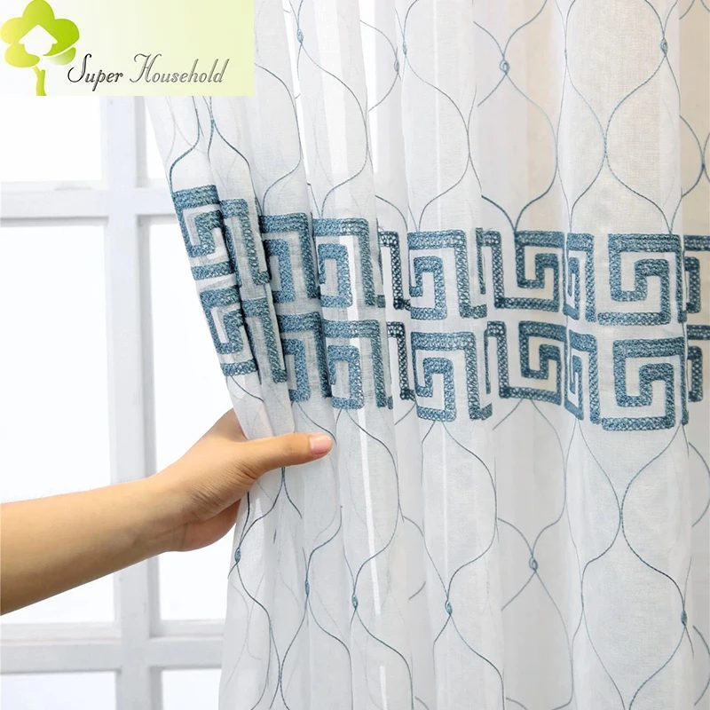 

Chinese Classic Design Window Curtains Embroidery Sheer for Living Room Blue Tulle Bedroom Home Decoration Custom Yarn SPX-1011