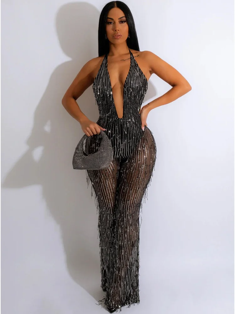 

WUHE Sparkly Sequin Mesh Sexy See Through Tassel Rompers Womens Jumpsuit Night Club Party Backless V-neck Bandage Women Overalls