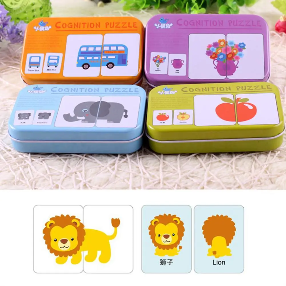 Baby Montessori Cognitive Cards Puzzle Toy Kids Car Fruit Animal Life Puzzle Iron Box Card Book Matching Game Learning Toys Gift