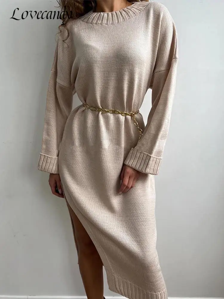 

Women Slit Solid Knitting Sweaters Dress Female Chic O-Neck Long Sleeve Sweater Dresses Office Lady Elegant Slim Pullovers
