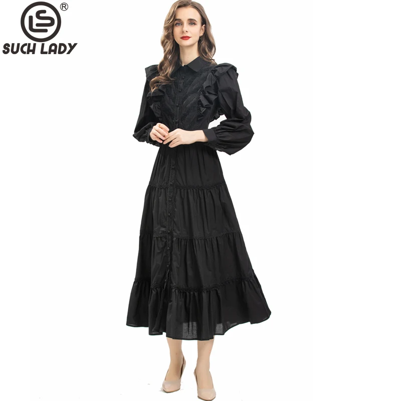 Women's Dresses Turn Down Collar Long Sleeves Embroidery Hollow Out High Street Vestidos