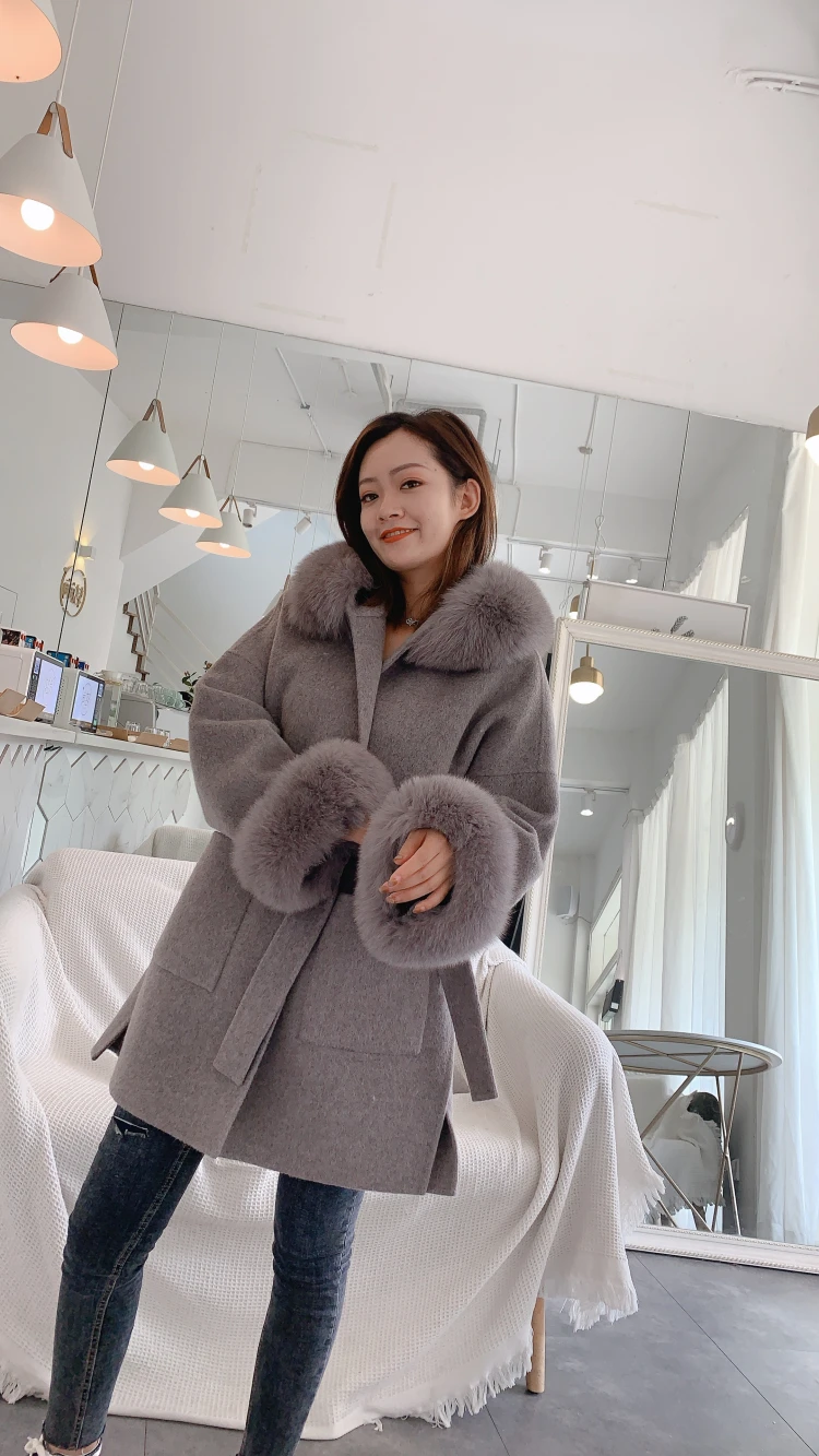 FURYOUME Women Real Fur Coat Winter Jacket Oversize Loose Cashmere Wool Blends Streetwear Natural Fox Fur Hood Outerwear Belt enlarge