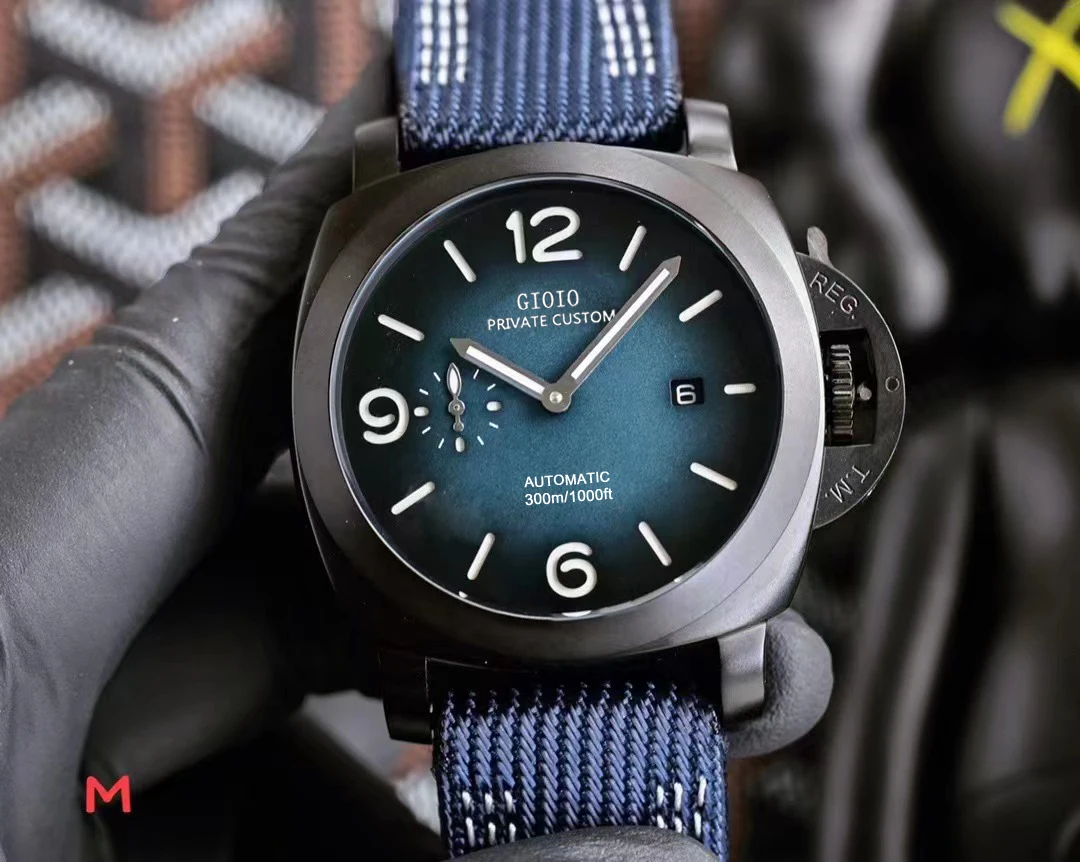 

Mens Mechanical Automatic Watch Blue Green Canvas Leather Black