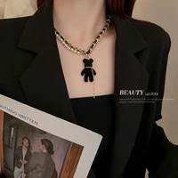 autumn and winter leather twining pearl bear double layer necklace female minority design sense clavicle chain korean