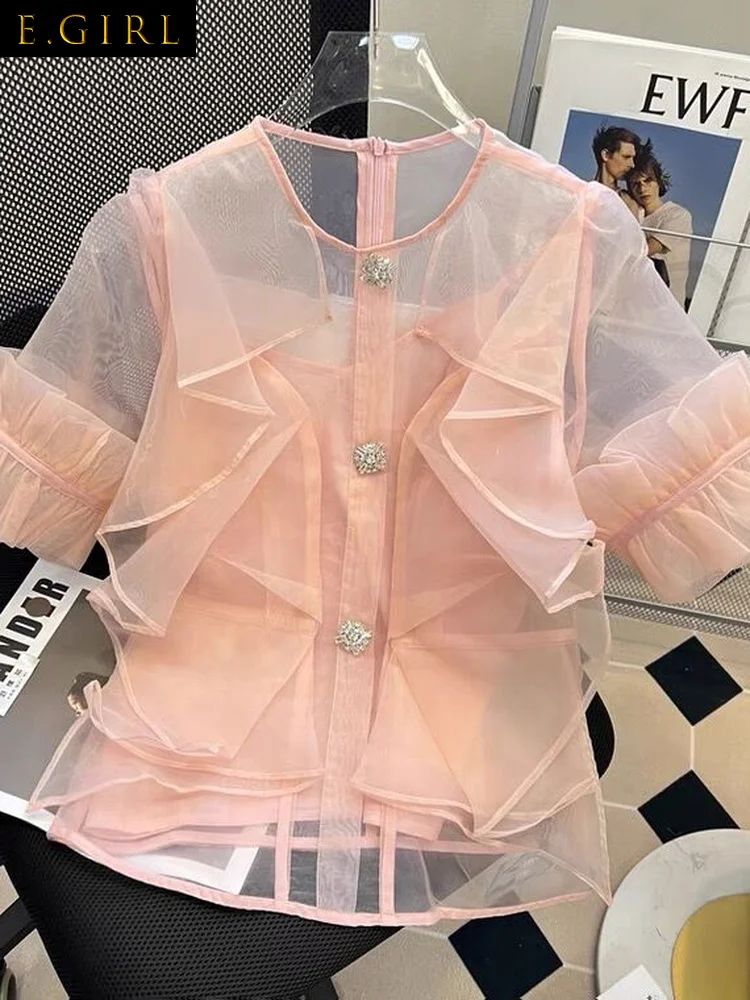 E GIRLS Rhinestones Button Chiffon Organza Blouse Women Elegant Sexy See Through Shirt Ruffle Patch Elegant Blusas Vest 2 Sets