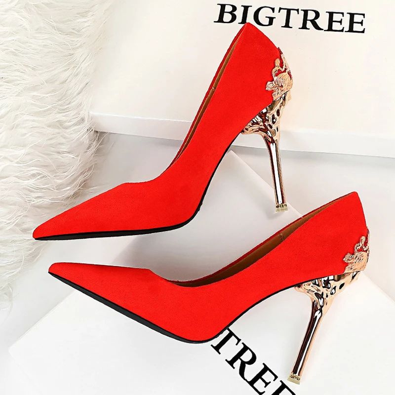 

Shoes Sexy Women Heels Metal Heel Woman Pumps Wedding Shoes Stiletto Black Red High Heels Suede Women Shoes Party Shoes