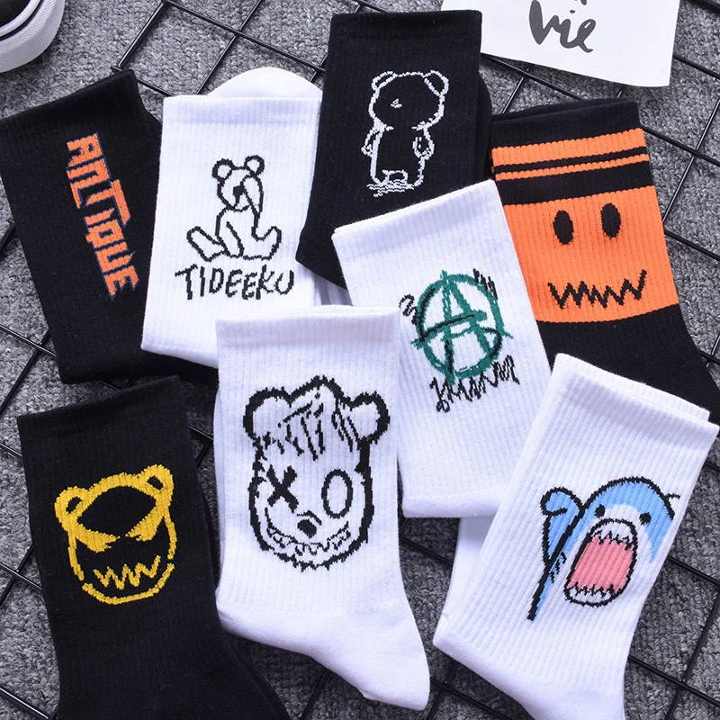 

Basketball Cartoon Black Hip-hop INS Crew Sox Sports Happy Socks Street Socks Men Cotton New Socks Skateboard Fashion White