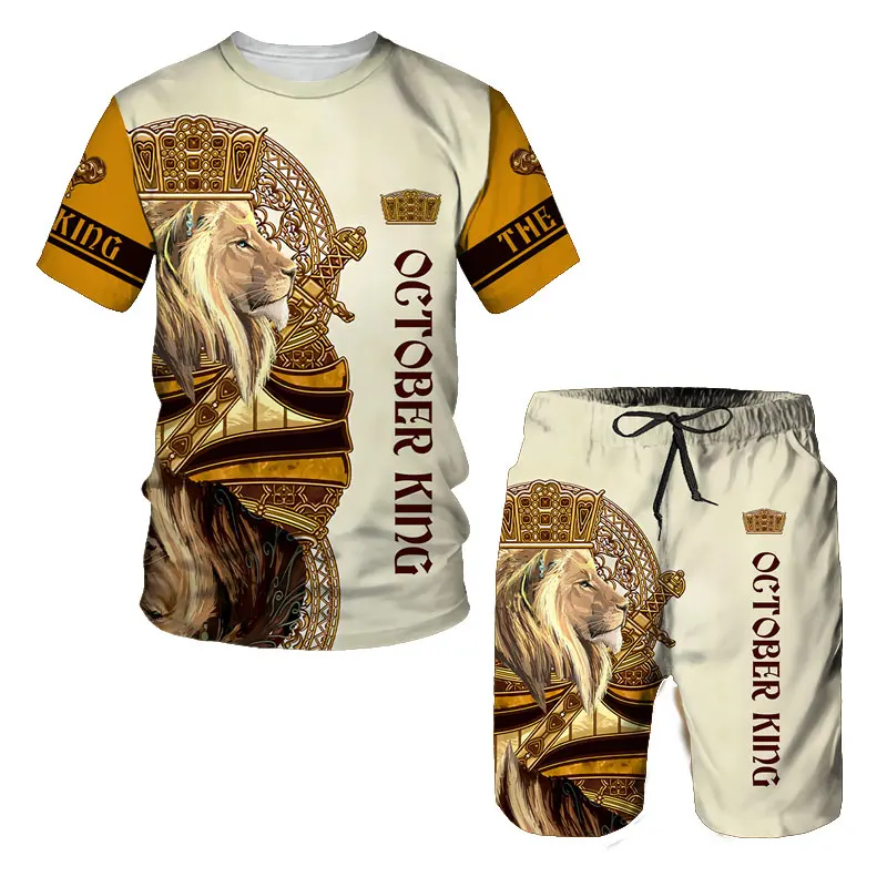 3D Animal Print T Shirt For Men Shorts 2 Piece Outfit Fashion Poker Lion Pattern Oversized O-neck Tops Summer Short Sleeve Sets