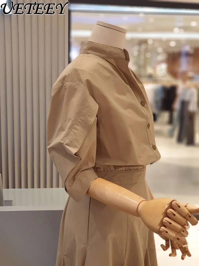 Модное дизайнерское платье с воротником-стойкой и рюшами на рукавах Новинка лета