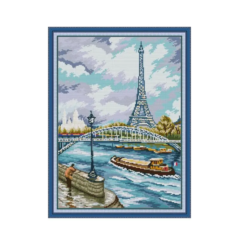

Joy Sunday Cross Stitch Kits Eiffel Tower Scenery Printing Stamped 14CT 11CT Counted Fabric Handmade Embroidery Needlework Sets