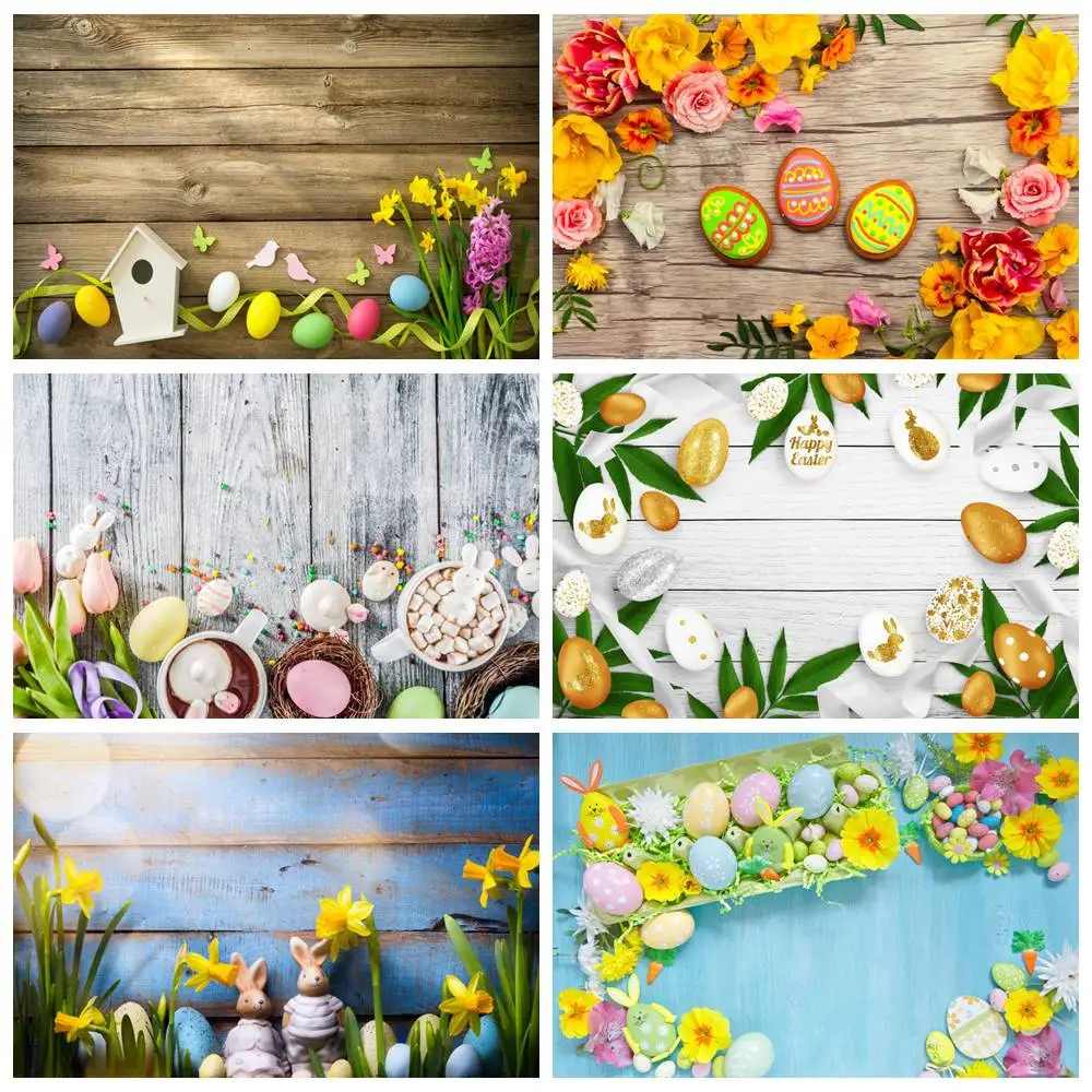 Easter Decoration Wooden Board Photography Backdrop Banner Poster Custom Baby Flower Egg Candy Cake Plank Party Photo Background