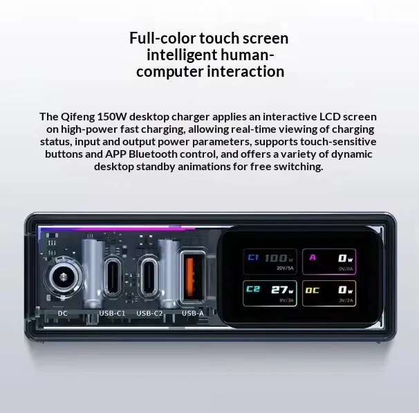 Фото Зарядное устройство Nubia RedMagic DAO 150W GaN с 4 портами (DC, USB-C, USB-A), быстрая зарядная станция PD3.1 с RGB-дисплеем для настольных ПК и ноутбуков №2