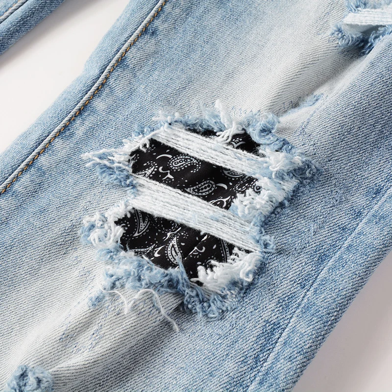 Street Fashion Men Jeans Retro Light Blue Elastic Stretch Skinny Ripped Jeans Men  Patched Designer Hip Hop Brand Pants Hombre