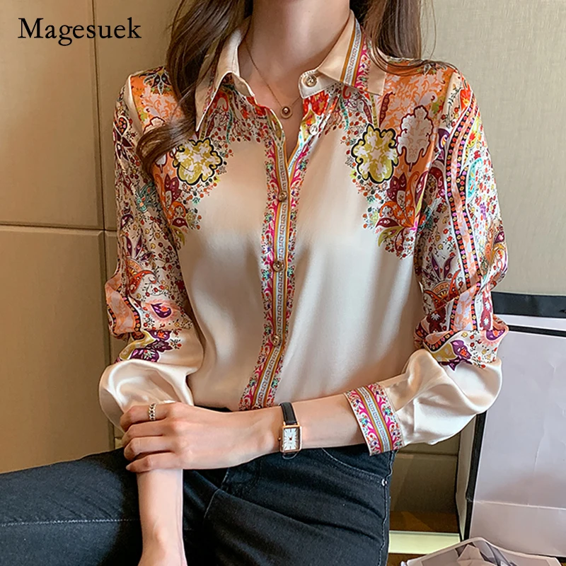 

2022 Ladies Tops Spring Long Sleeve Silk Shirts Fashion Floral Print Blouse Women Satin Shirts Autumn Blusa Mujer Clothes 18440