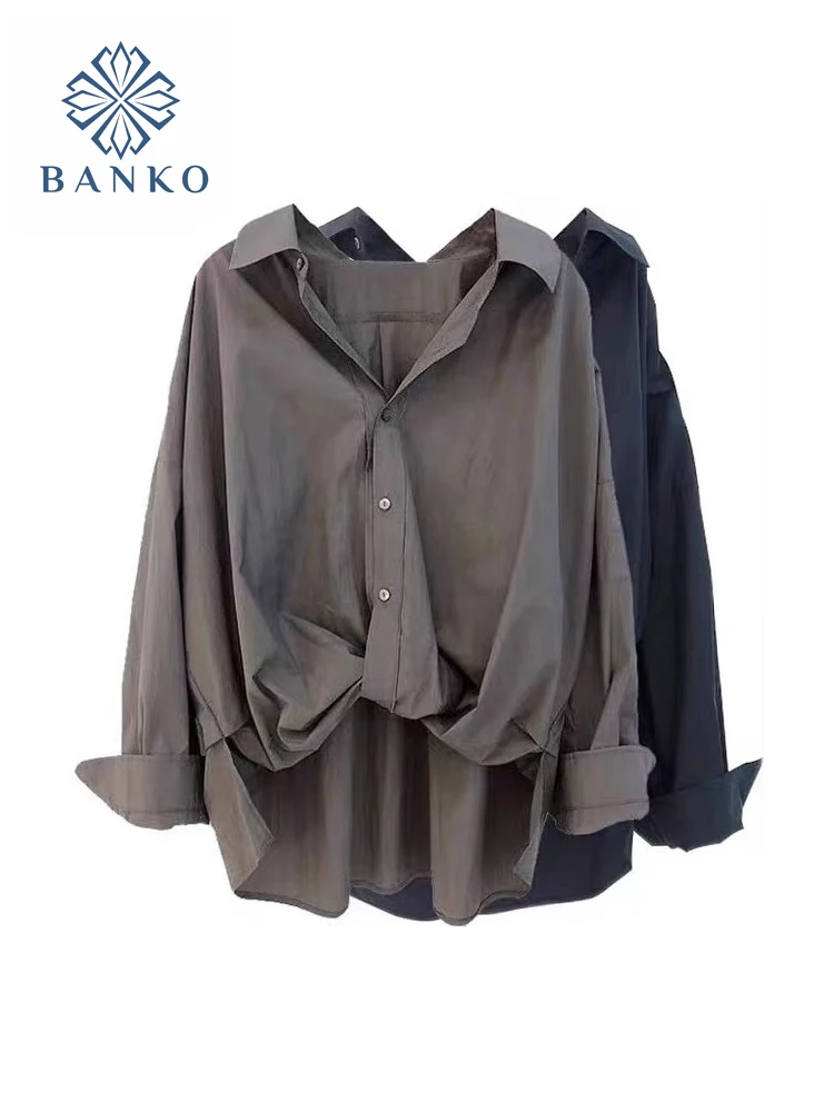 2022 Autumn Vintage Women Blouse Turn-down Collar Long Sleeve Tops Vintage Solid Color Bifurcate On Both Sides Loose Blouses