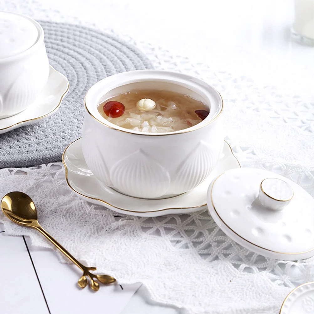 

1 Set Ceramic Stew Bowl Soup Bowl Small Soup Container Steaming Cup with Lid Spoon
