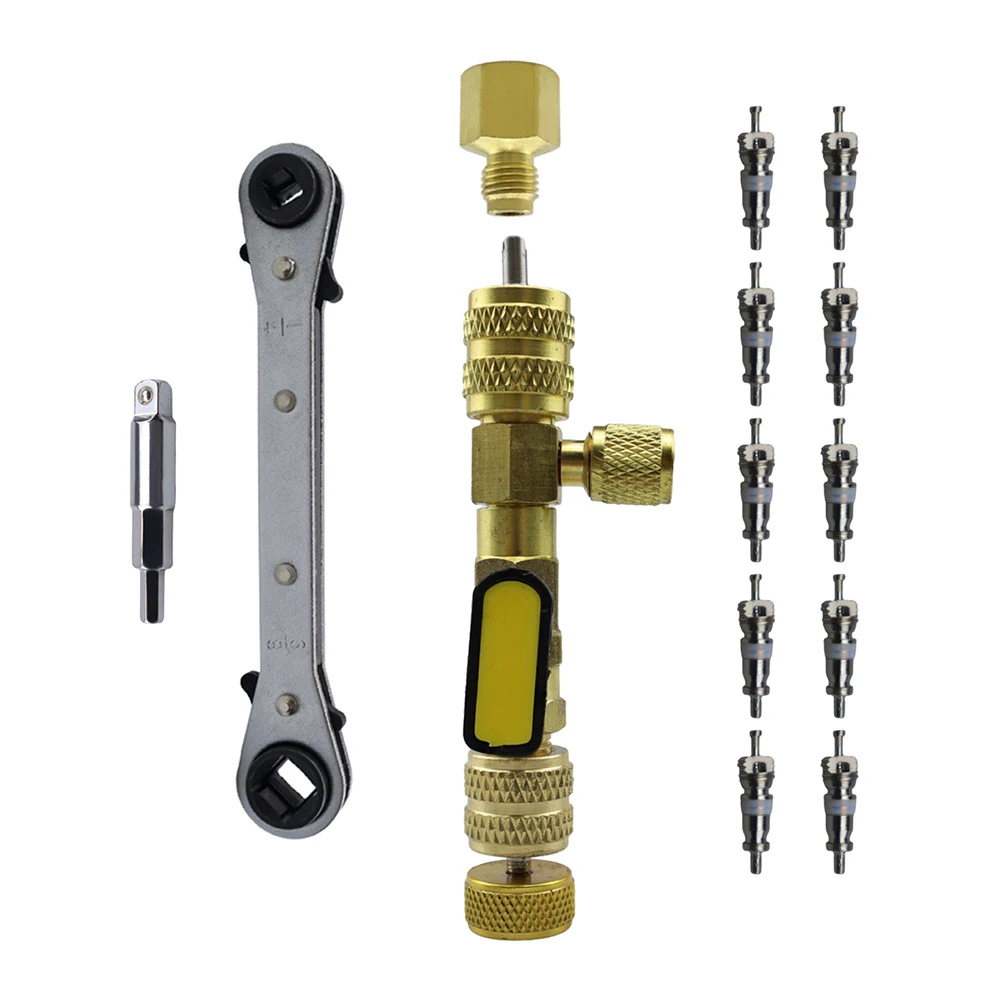 

HVAC Service Wrench Set 10Pcs Valve Core Ratcheting Service Wrench with Hex Bit Adapter Alloy Steel for Air Conditioner Repair