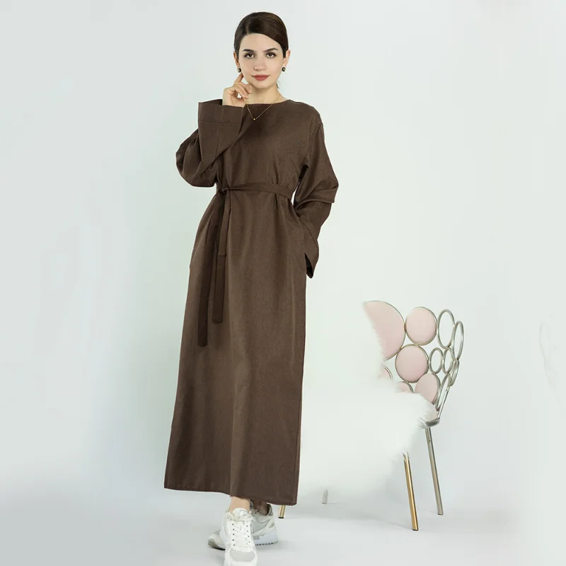 Islam Abaya Dress Solid Color Crewneck Long Sleeves Abayas for Women Loose Casual Robe Femme Musulmane