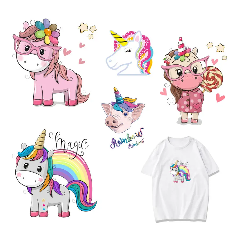 

DIY T-shirt Applique Heat Transfer Pig Parch Stickers on Clothing Cute Unicorn Patch Set Iron-on Transfers Parches for Clothes