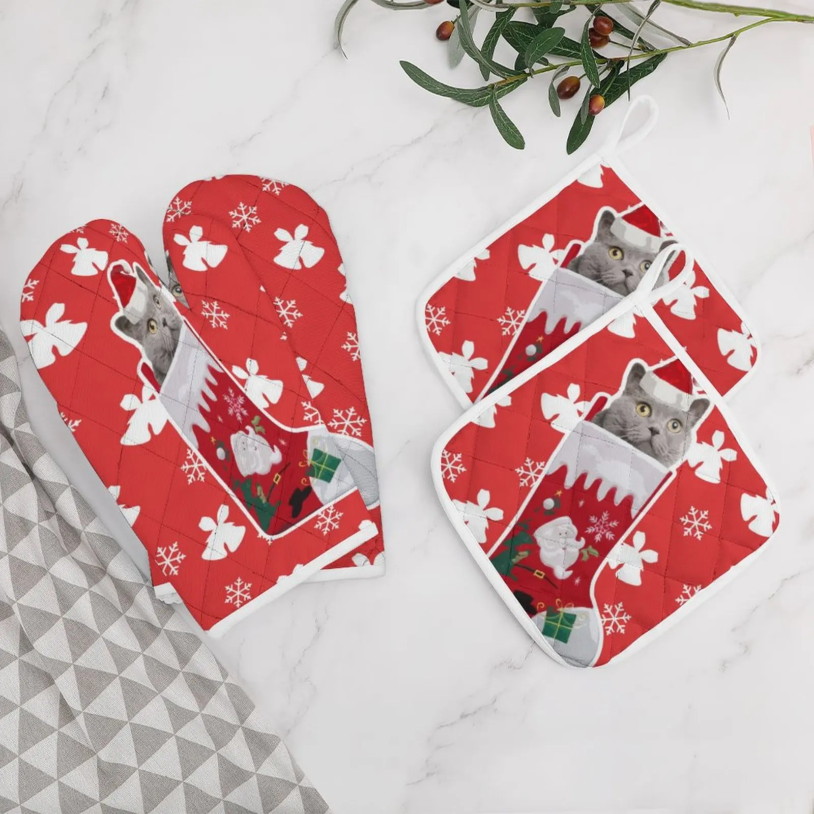 

Christmas Stocking Funny Oven Mitts and Pot Holders Sets of 4 Heat Resistant Non Slip Kitchen Gloves for Cooking BBQ