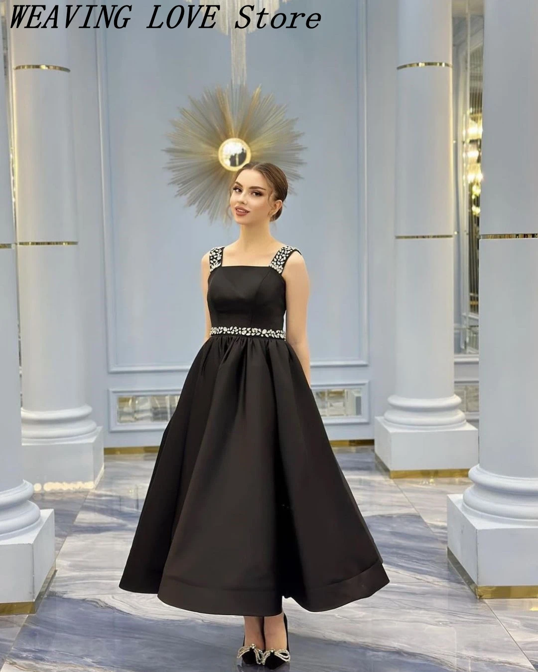 

Vintage A-Line Black Satin Square Neck Prom Dresses Sleeveless Beadings Ankle Length Formal Occasion Dresses Party Dresses