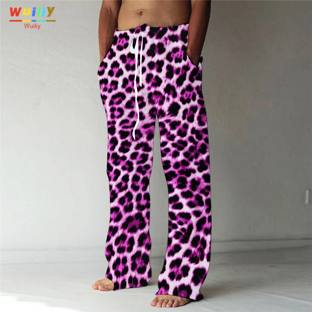 

Мужские леопардовые повседневные пикантные брюки, мешковатые брюки с карманами, на шнуровке, эластичная талия, текстурные брюки, удобные мягкие штаны для йоги