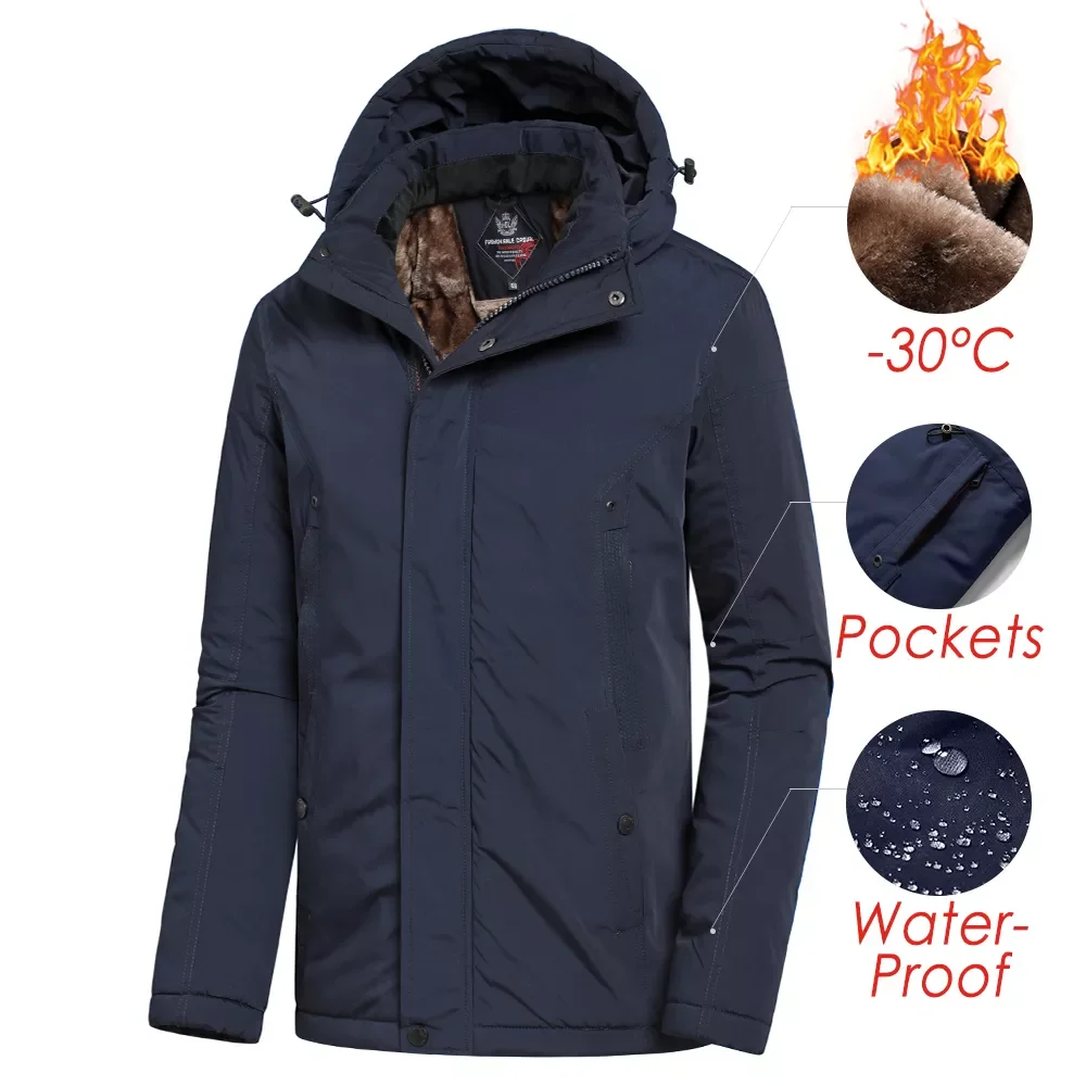 NEW Winter New Casual Long Thick Warm Fleece Hat Waterproof Parkas Jacket Coat Men Outwear Outdoor Fashion Pockets Parka Male