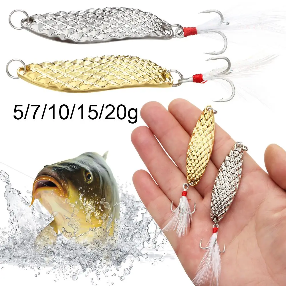 

Artificial Bait with Feather Metal Spinner Spoon VIB Fishing Lures Gold Silver Treble Hook Bass Fishing Tackle 5/7/10/15/20g