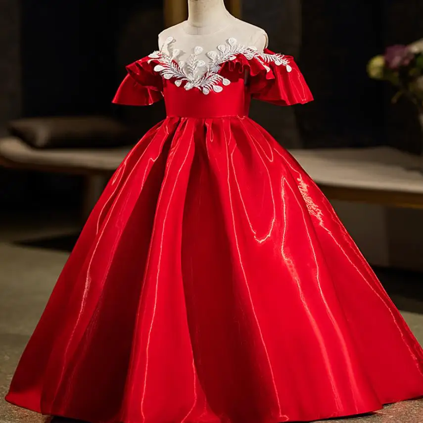 

High-End Children's Princess Prom Evening Gown Birthday Party Wedding Girl's Baptism Red Dress For Easter Eid A2213