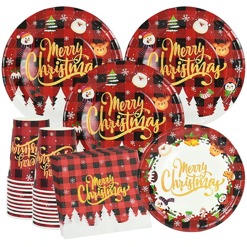 

10pcs Merry Christmas Theme Disposable Tablewares Black Red Plaid Paper Plates Cups Napkins Xmas New Year Party Decor Tableware