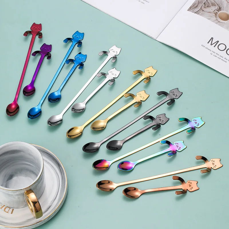 

New Mini Cute Coffee Spoon Milk Dessert Ice Cream Teaspoon Creative Stainless Steel Kids Cartoon Cat Cutlery Multicolor Design