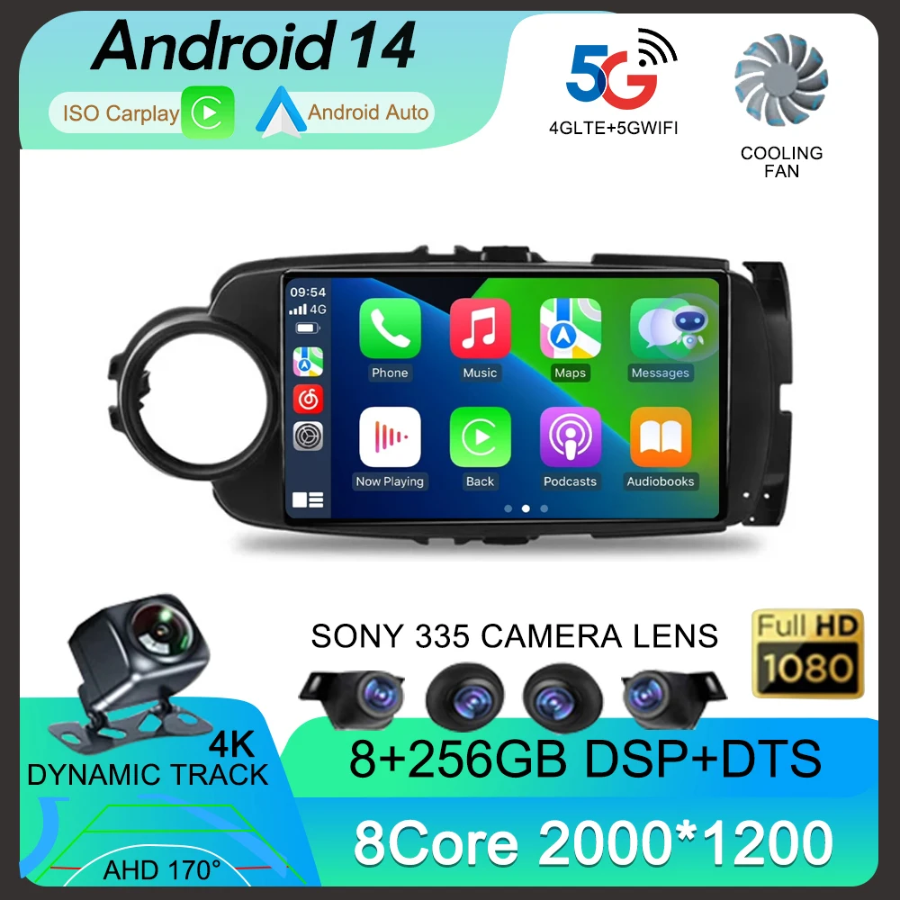 Автомобильный радиоприемник Carplay на Android 14 для Toyota Yaris 2012 2013 2014 2015 2016 2017 GPS