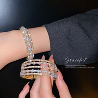 fashion exaggerated personality full diamond bracelet with pearl opening bracelet super flash jewelry for womens gift for party