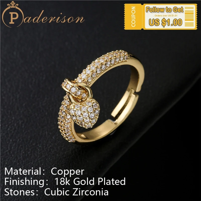 

Original Design Delicate Drop Heart Opening Ring For Women Lovely Romantic Copper 18K gold-plated Adjustable Ring Party Jewelry