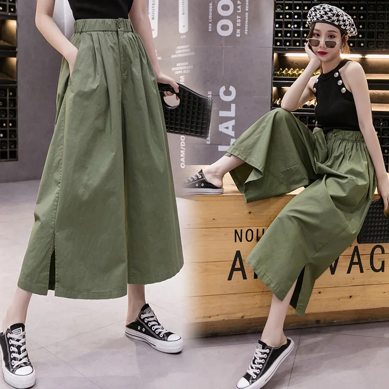 

TingYiLi Women Summer Side Slit Cropped Wide-Leg Pants Korean Style Casual Loose Cargo Pants Black Khaki Blue Green Trousers