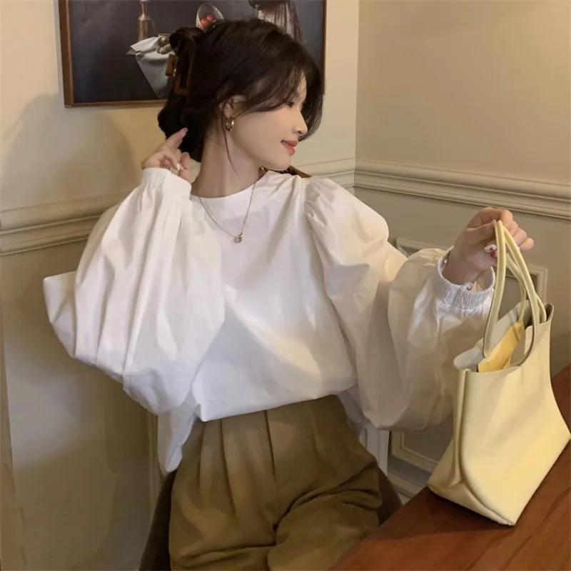 Женские рубашки и блузки Matakawa с пышными рукавами однотонные весенние осенние