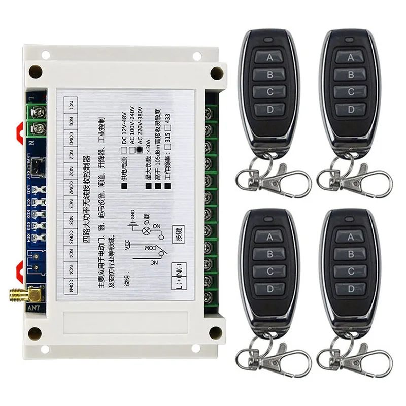 433 МГц AC110V 220V 240V 380V 4CH 4-канальный 30A реле RF беспроводной пульт дистанционного
