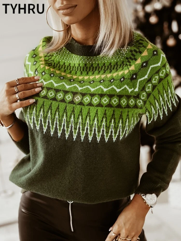 

TYHRU Women's O-Collar Retro National Style Sweater Knitting Long Sleeve Contrast Color Loose Tops Pullover Soft Warm Jumper